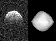 小惑星ベンヌ。レーダー観測画像（左）と形状モデル（提供：NASA/JPL-Caltech (左), NASA/NSF/Cornell/Nolan）