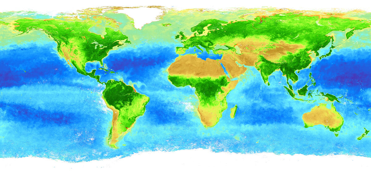 気候変動観測衛星「しきさい」の観測画像。緑が濃いほど植物の活性が高いことが分かるなど、宇宙から地球の環境を把握することができる。