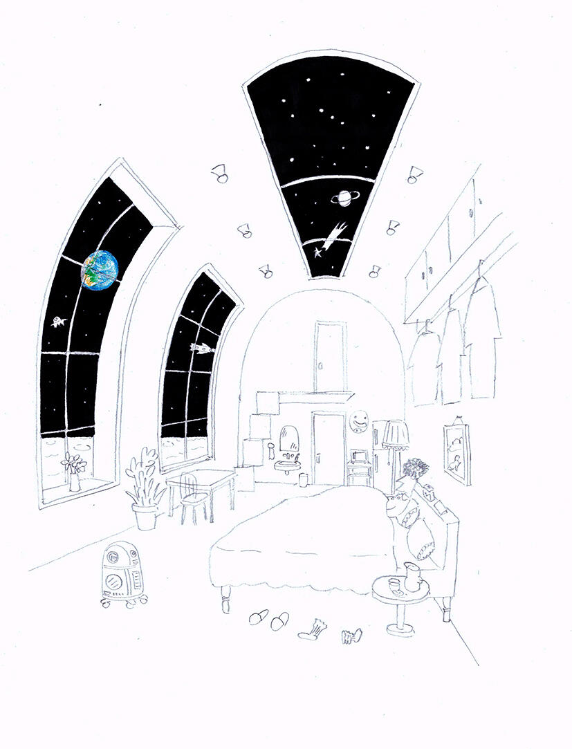 取材を経て、湯浅さんが描いた窓から地球が見える月面住宅のスケッチ。