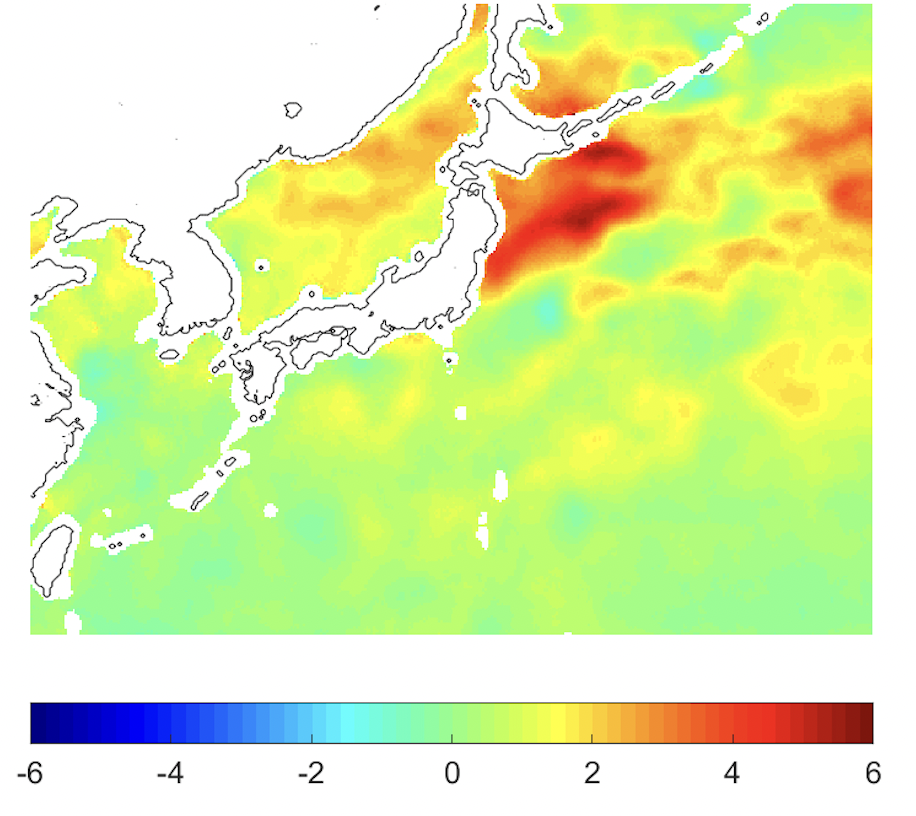日本近海（北緯20－50度、東経120－160度）における
						2023年7月のAMSR2月平均海面水温の平年差分布
						（平年値はAMSR-E、AMSR2観測で取得された月平均値より計算）