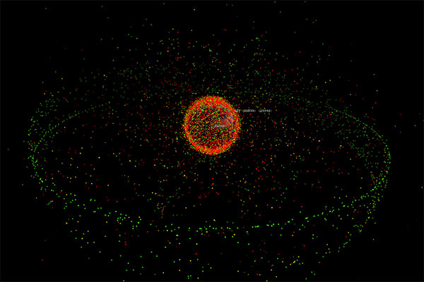 地球の周囲にある位置がわかっている物体を表示したもの。緑色が衛星（使われなくなったものを含みます）、黄色がロケットの上段、赤がそれ以外の破片等です。