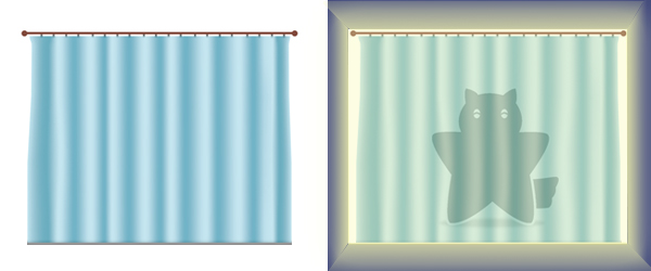 カーテン越しの昼夜の違いのイメージ図。夜（右）は人影がシルエットでうかがえる